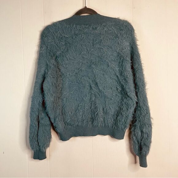 Urban Outfitters Sweet as a Peach Fuzzy Eyelash Mock Neck Sweater Turquoise - Picture 3 of 4